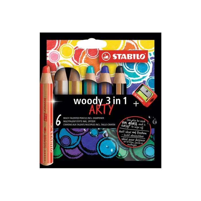 Woody 3 In 1 Arty - 6 Crayons De Couleur - Noir, Jaune, Turquoise, Bleu D'Outremer, Blanc, Rouge