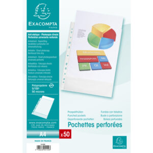 50 Pochettes Plastique Perforées - A4 - Pp Lisses - Cristal 5/100