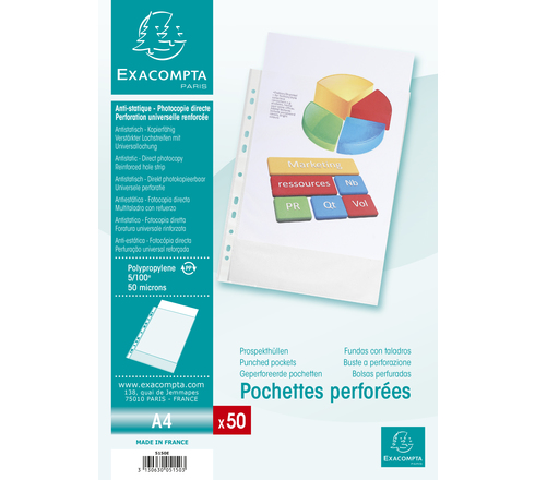 50 Pochettes Plastique Perforées - A4 - Pp Lisses - Cristal 5/100