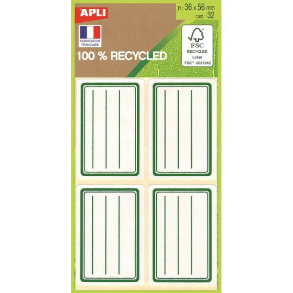 32 Étiquettes Scolaires 100% Recyclées Cadre Et Lignes Verts - 36 X 56 Mm - Réf 101343