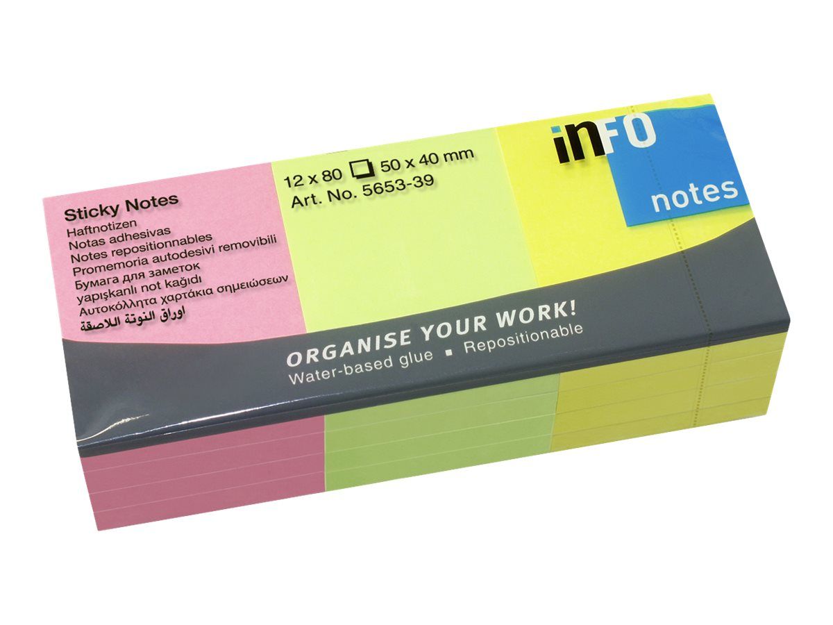 Global Notes - Pack De 12 Blocs - Notes Adhésives 80 Feuilles - 50 X 40 Mm - Couleurs Assorties